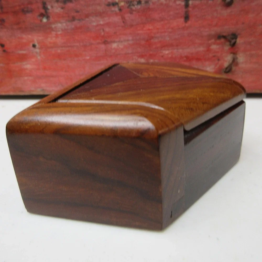 Vintage Geometric Wood Trinket Box Dark Light Brown Octagon Shape Felt Lined